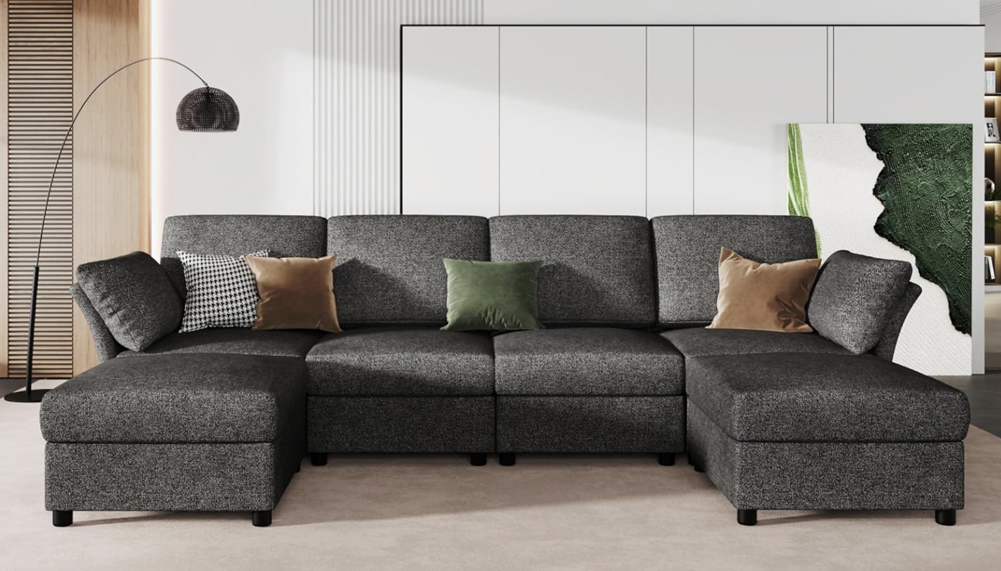 VanAcc Sectional Couch, Modular Sectional Sofa, 6 Seats Sofa, U Shaped sectional with Ottomans, Reversible Sofa Couch for Living Room, Grey Chenille